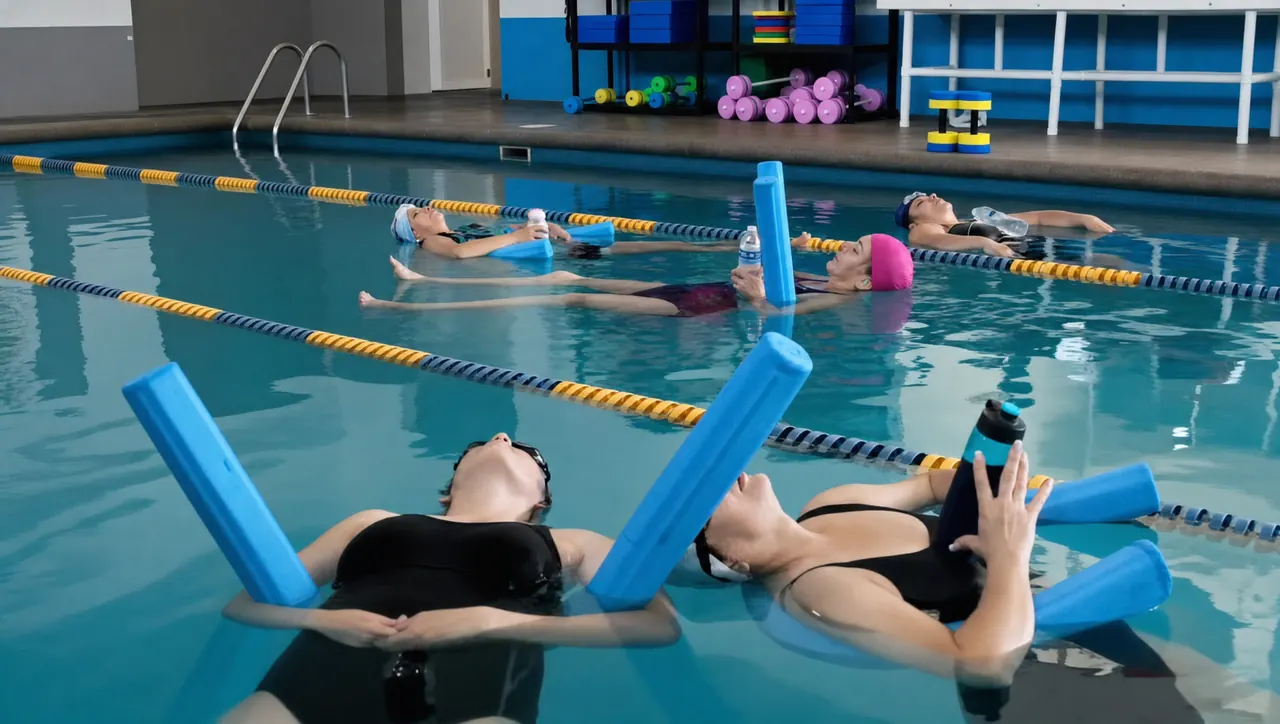 Mujeres flotando con churros de espuma en una clase de aquaerobics
