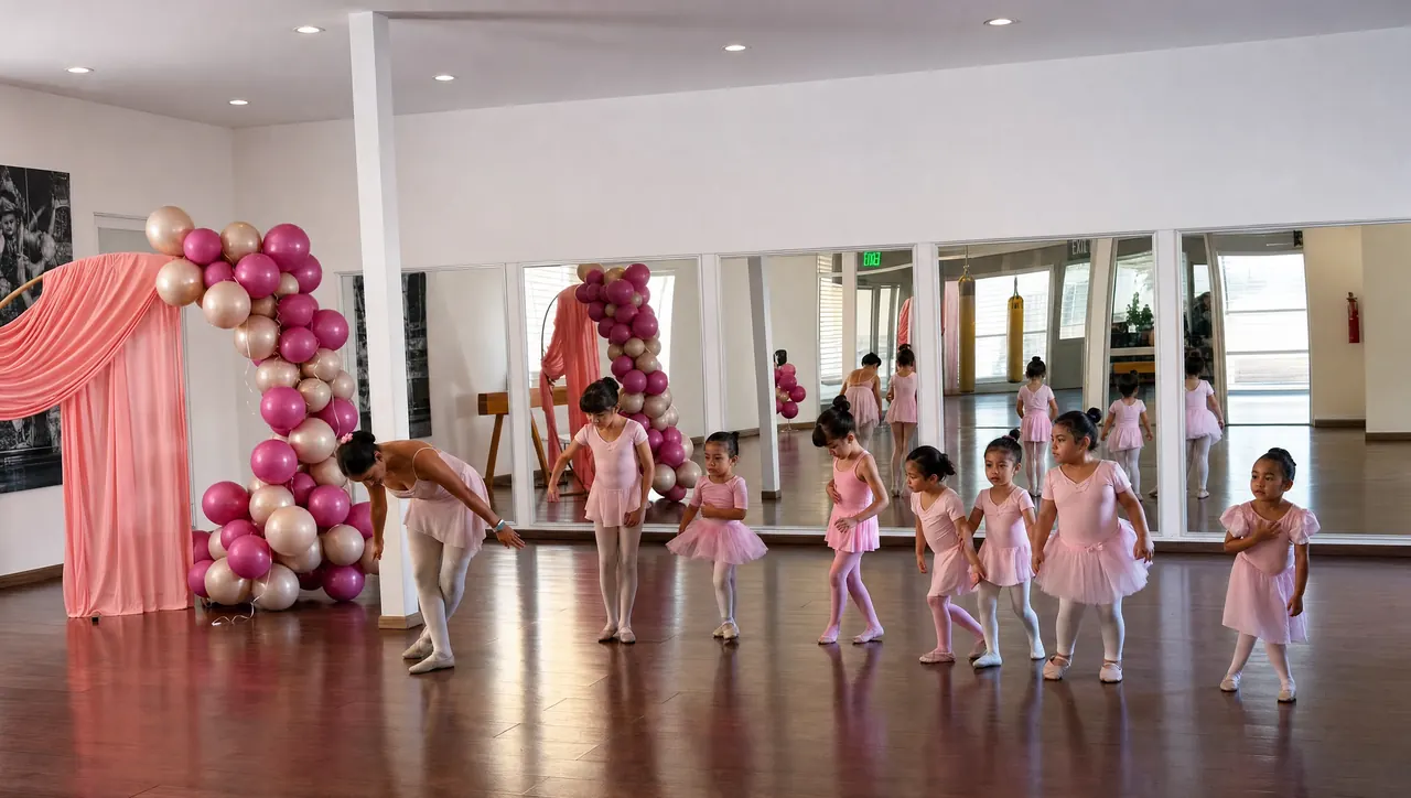 Niñas con tutú rosa en clase de ballet frente a los espejos del salón