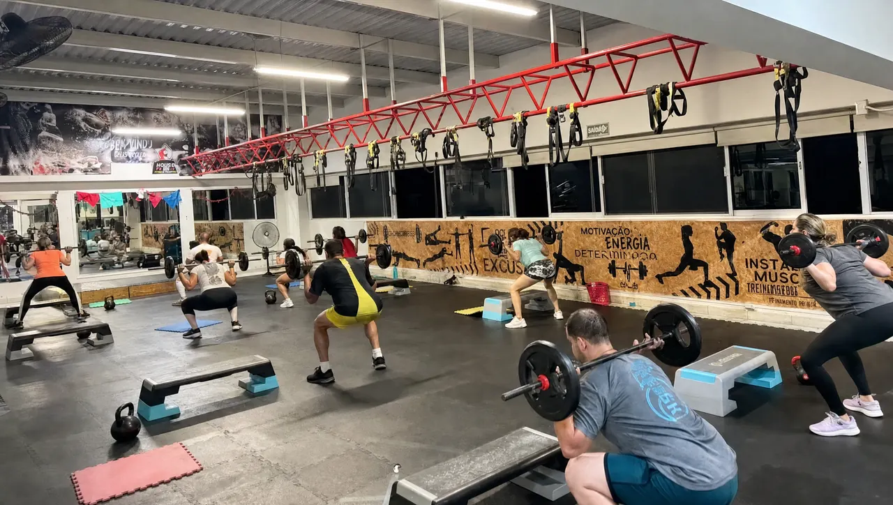 Entrenamiento funcional con barras, kettlebells y steps en el gimnasio del club