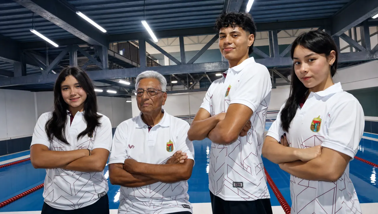 Nadadores y su entrenador con la playera del club, de brazos cruzados junto a la alberca semiolímpica