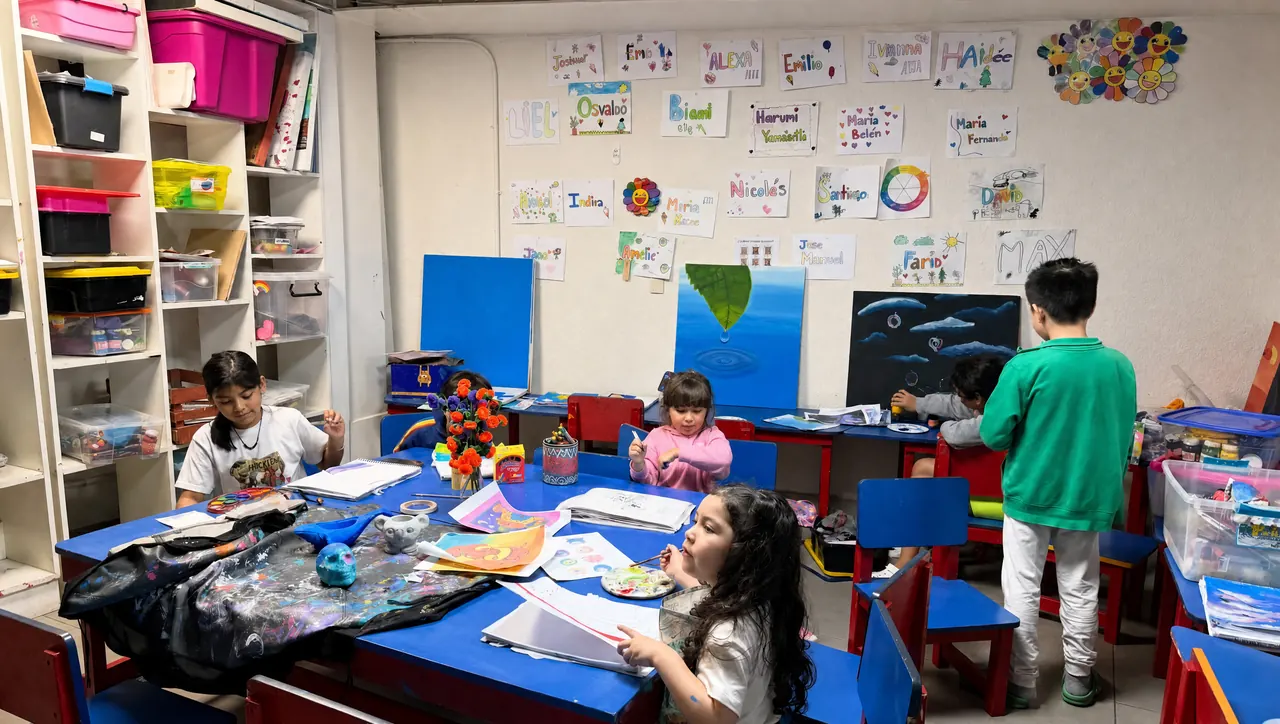 Niñas y niños pintando en las mesas del salón de artes de Acuática Kids Center