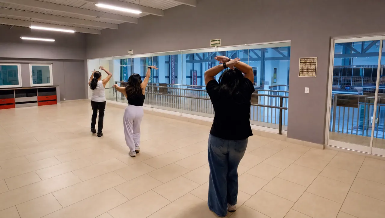 Mujeres bailando en la clase de ritmos latinos del salón multiusos