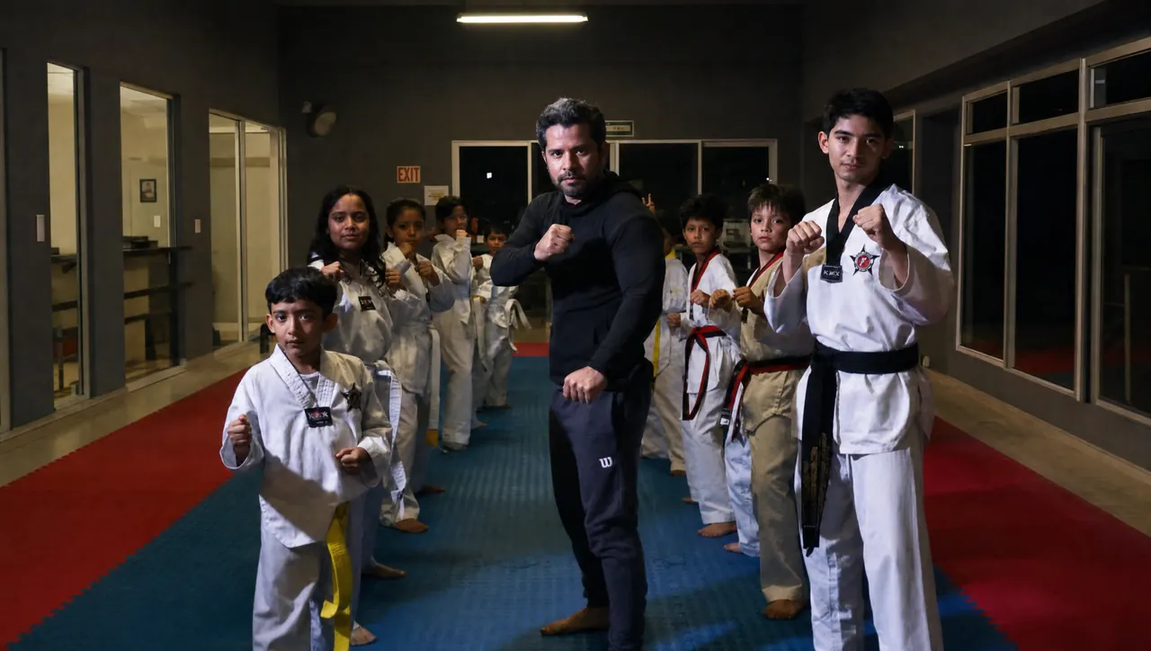 Alumnos de taekwondo con dobok blanco en guardia junto a sus instructores